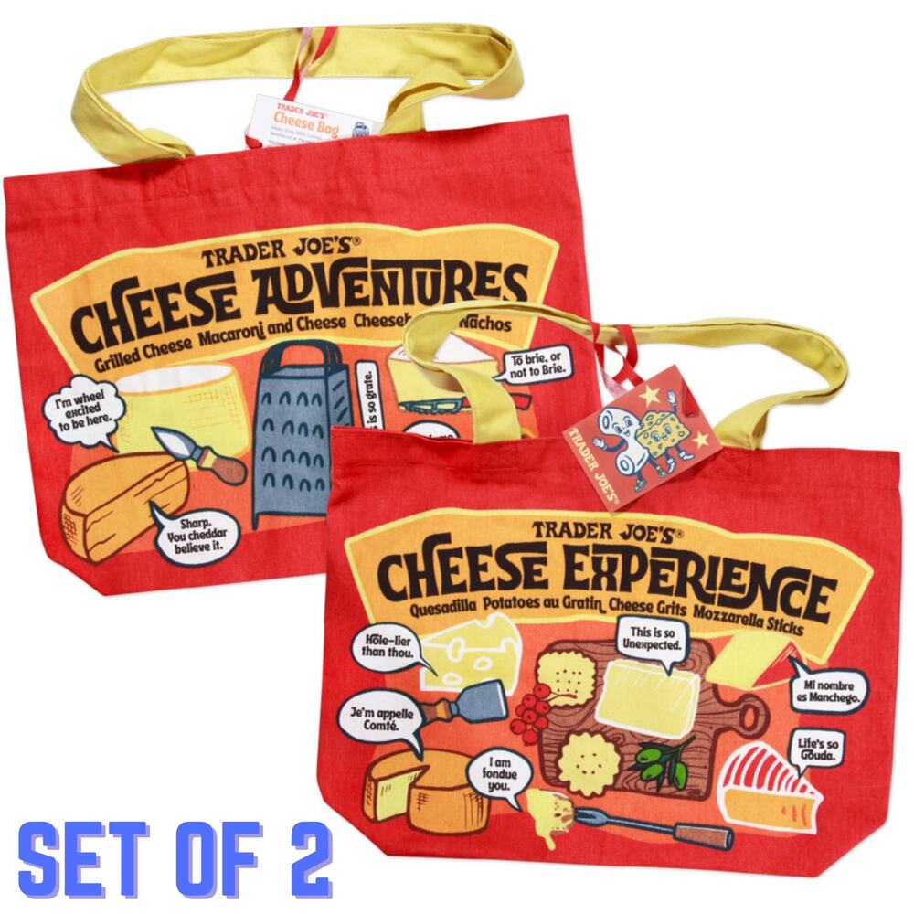 Set of 2 Trader Joe's Cheese Adventures Experience 100% Cotton Reusable Tote Bag